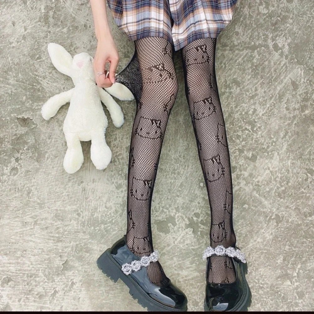 Nylon Black Fishnet Tights Hello Kitty Kawaii Sanrio Mesh Stockings Y2K Style